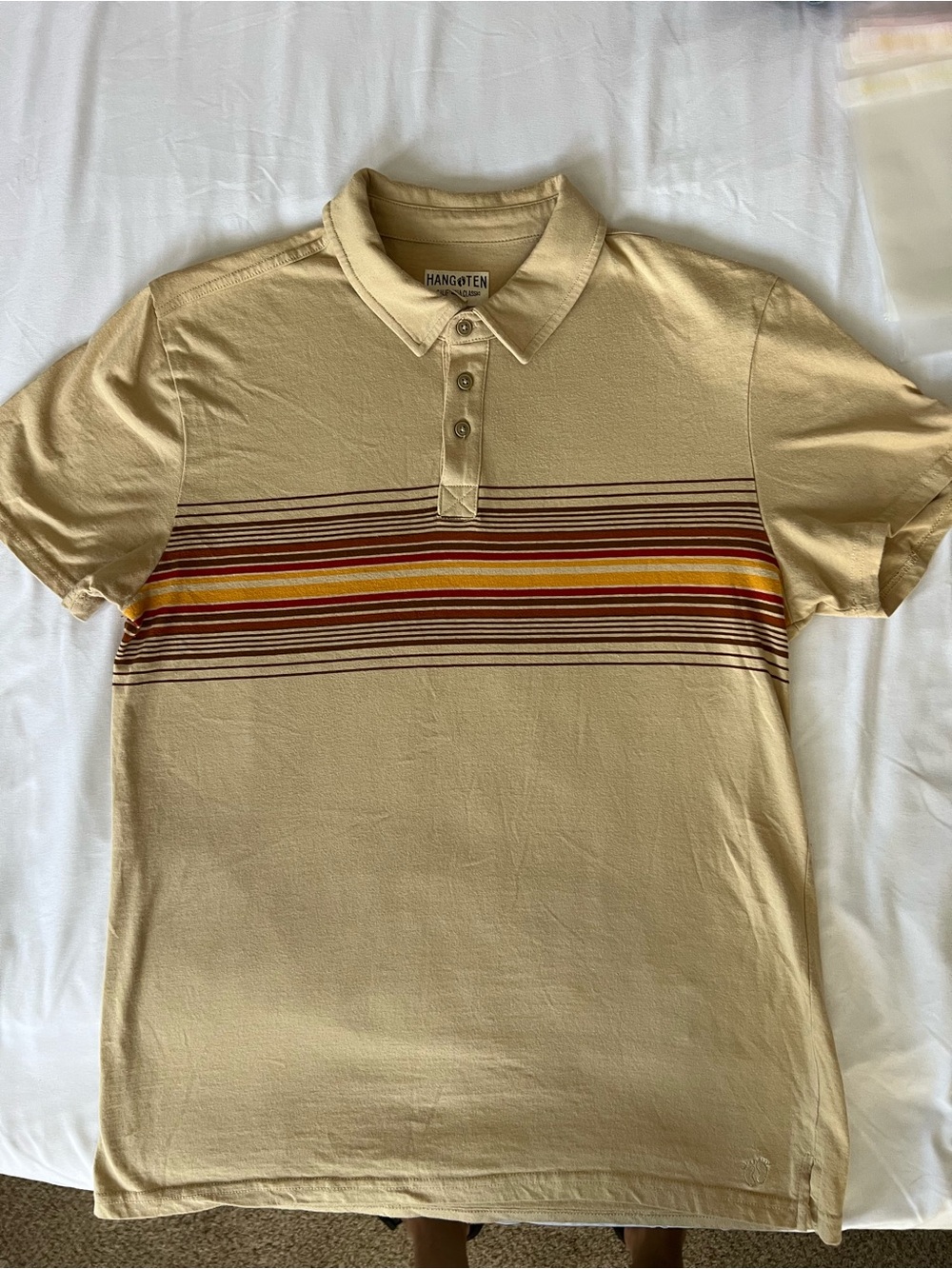 Vintage Hang Ten Cream Polo with Multicolor Chest Stripes